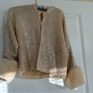 1950's Part-Perfect True Vintage Ivory sweater! Mink Cuffs & loaded w/sequins!